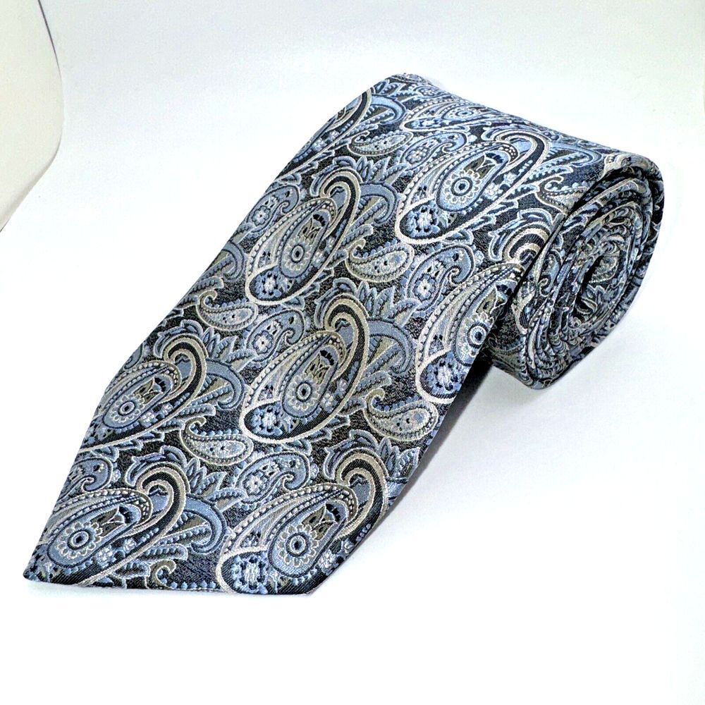 Burma Bibas Mens Neck Tie SIlver Blue Paisley Pattern 100% Silk 3.5"